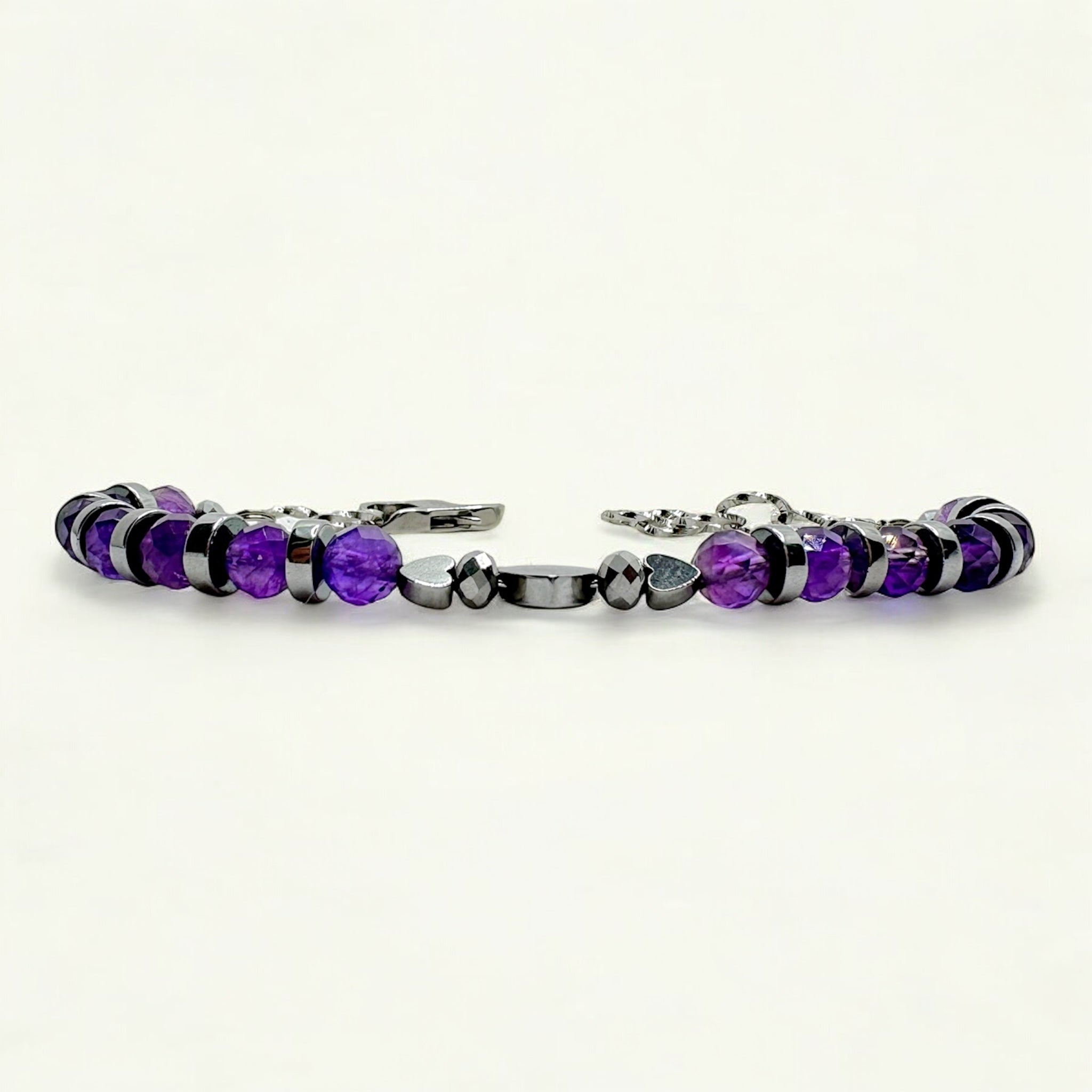 Bracciale Ametista Sfaccettata con Cuori in Ematite Sharifa Crystals